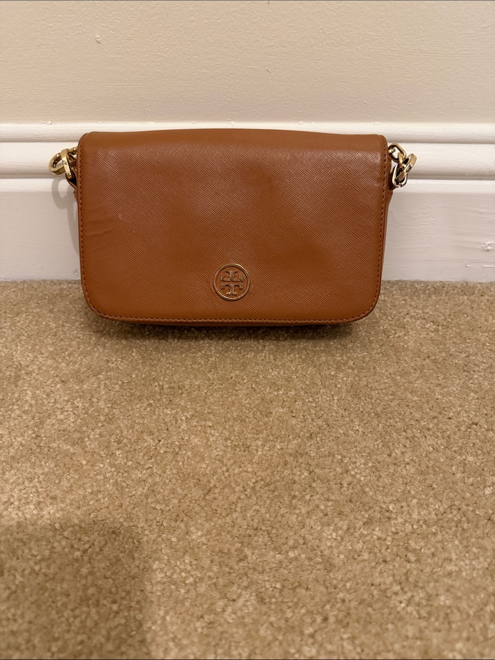 Tory Burch Tan Saffiano Leather Crossbody with Gold Chain